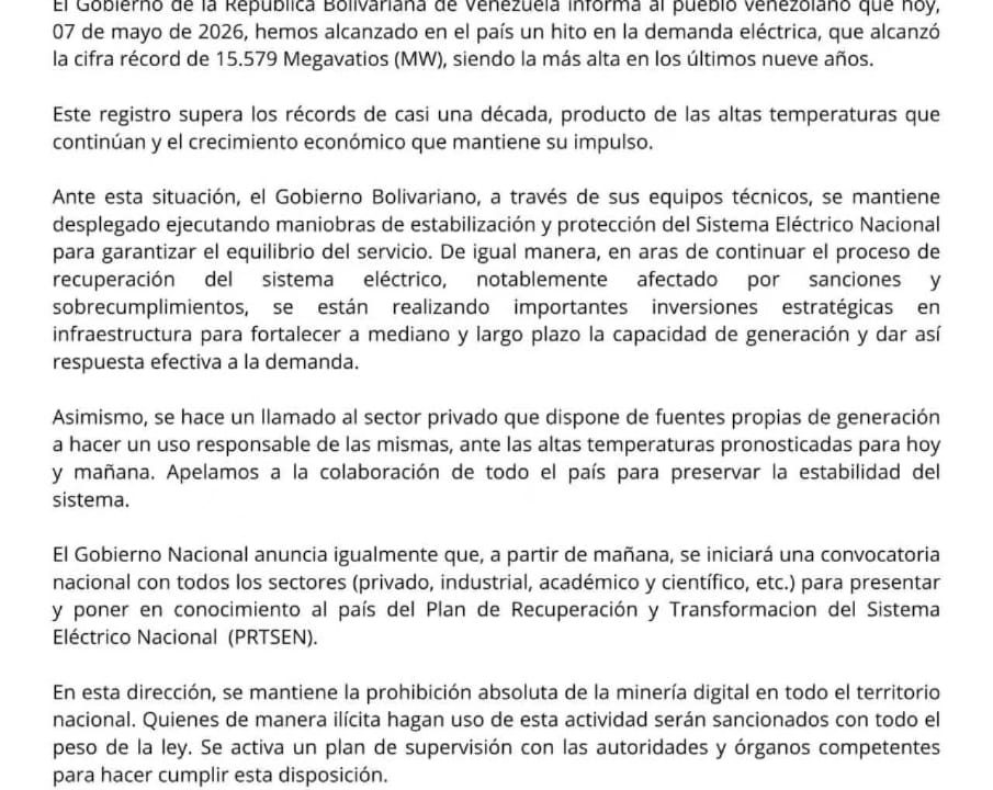 Venezuela registra récord de demanda eléctrica en los últimos nueve años